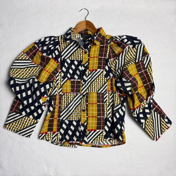 Gracia Womens Mixed Plaid Patchwork Puff Sleeve Button Down Blouse Size M - Picture 4 of 10